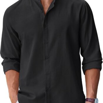 Men's Long Sleeve Oxford Dress Shirts  Button Down Shirt Casual Band Collar Shirts