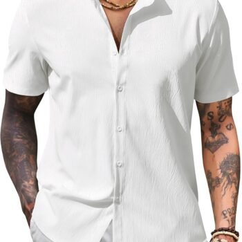 Men's Casual Button Down Short Sleeve Shirt Band Collar Shirts Textured Beach Summer Shirt