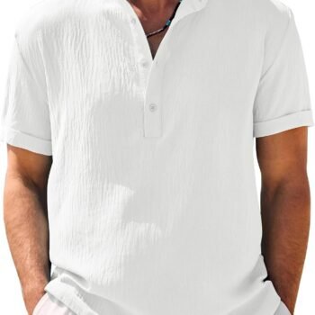 Men's Casual Henley Shirt Band Collar Short Sleeve Shirt Summer Beach Hippie Shirt