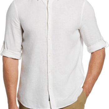 Men's Untucked Slim Fit Linen-Blend Rolled-Sleeve Shirt with Stand Collar and Striped Detail