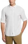 Men's Untucked Slim Fit Linen-Blend Rolled-Sleeve Shirt with Stand Collar and Striped Detail