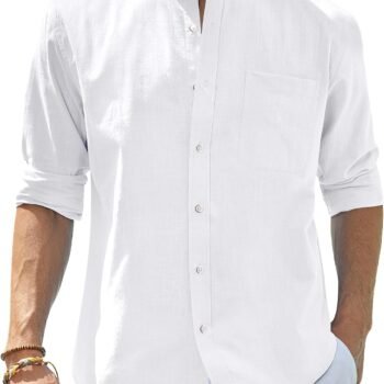 Men's Cotton Linen Long Sleeve Shirts Casual Button Down Banded Collar Shirt Beach Summer Tops with Pocket