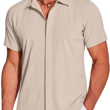 Men's Casual Short Sleeve Button Down Summer Beach Shirt Lightweight Textured Wrinkle Free Stretch Shirts