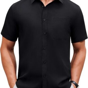 Mens Short Sleeve Dress Shirt Wrinkle Free Solid Casual Button Down Shirts for Summer Business Wedding