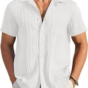 Men's Casual Button Down Shirts Short Sleeve Textured Summer Beach Shirt with Pocket