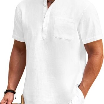 Men's Cotton Linen Henley Shirt Short Sleeve Hippie Casual Beach T-Shirts with Pocket