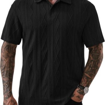 Mens Textured Knit Polo Shirts Loose Fit Stretch Casual Summer Collared Shirt (S-XXL)
