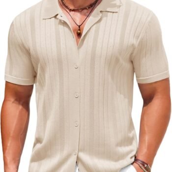 Mens Knit Button Down Shirts Crochet Polo Shirts Vintage Short Sleeve Textured Shirts Summer Beach Tops