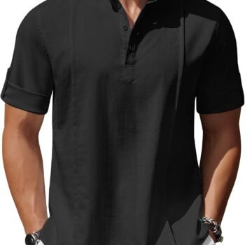 Men's Henley T-Shirts Short Sleeve Casual Button Henley Shirts Band Collar Tee Summer Beach Hippie Shirts
