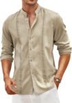Men's Cuban Guayabera Shirts Casual Long Sleeve Button Down Shirts Band Collar Linen Summer Beach Shirts