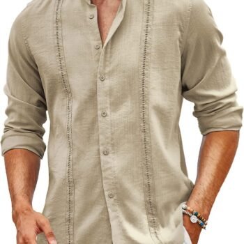 Men's Cuban Guayabera Shirts Casual Long Sleeve Button Down Shirts Band Collar Linen Summer Beach Shirts