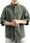 Mens Shirts,3/4 Sleeve Cotton Linen Shirts Japanese Style Casual Stand Collar Button Down T Shirts Pocket Tops