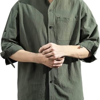 Mens Shirts,3/4 Sleeve Cotton Linen Shirts Japanese Style Casual Stand Collar Button Down T Shirts Pocket Tops