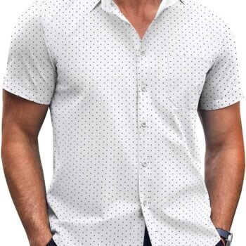 Mens Short Sleeve Button Down Shirts Wrinkle Free Dress Shirts Casual Polka Dot Print Shirt with Pocket