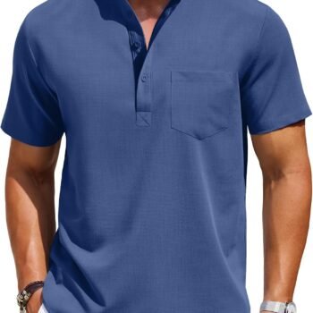 Mens Casual Henley Shirts Band Collar Short Sleeve T-Shirts Summer Stylish Beach Hippie Shirt