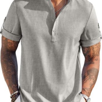 Men's Casual Henley Shirt Short Sleeve Band Collar Linen Shirt Summer Beach Hippie T-Shirts