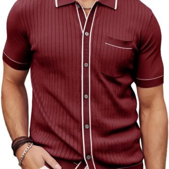 Men's Short Sleeve Knit  Shirt Vintage Button Down Golf