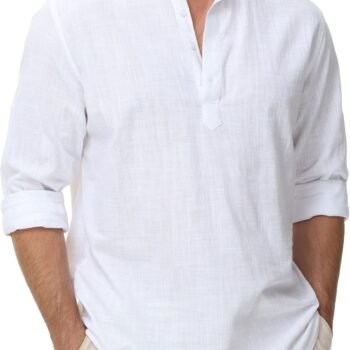 Cotton Linen Shirts for Men Lightweight Casual Long Sleeve Henley Beach Hawaiian Tops