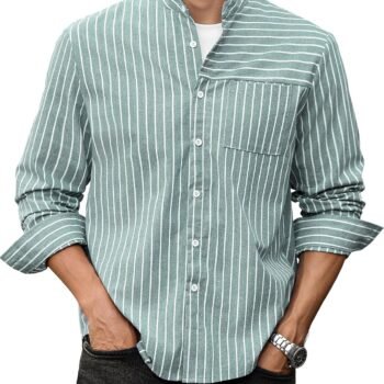 Men's Casual Button-Down Shirts Long Sleeve Striped Cuban Guayabera Banded Collar with Pocket All-Day Shirt Tops